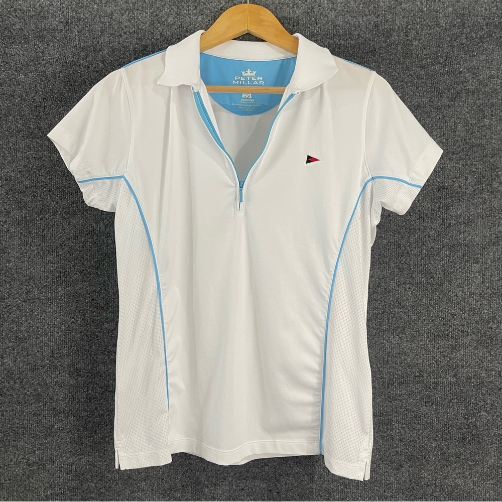 Peter Millar Womens Zip Polo Top Size Large White Blue Short Sleeve Golf